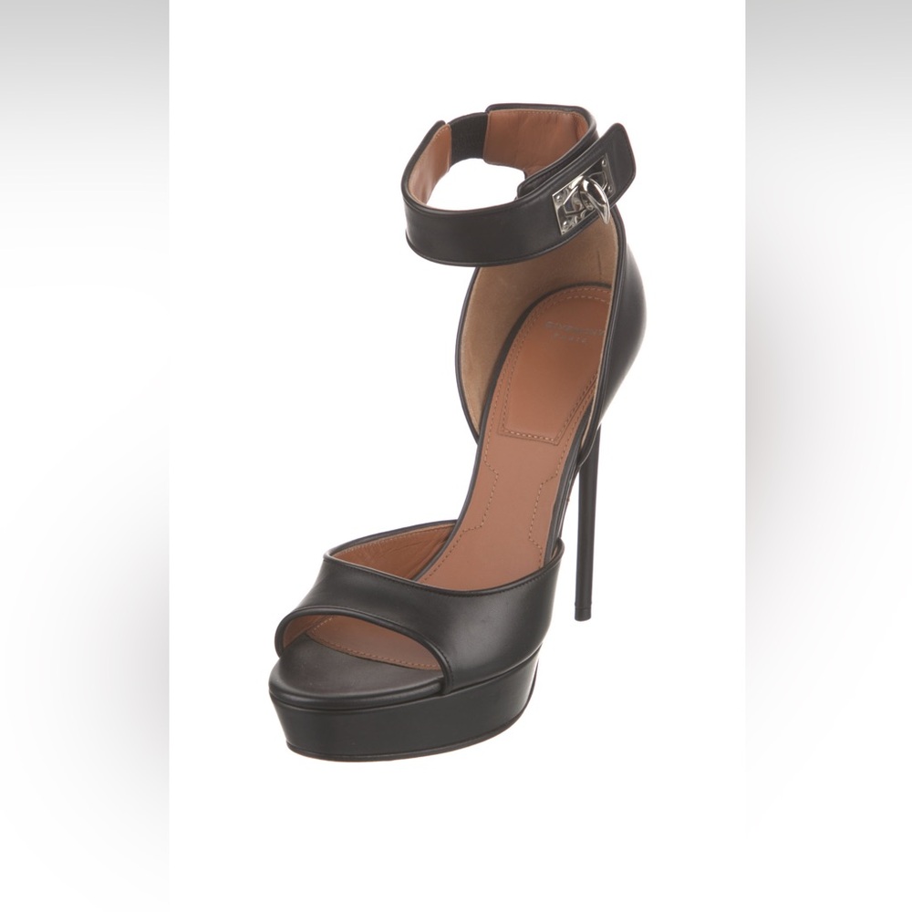 Givenchy Silver Shark Tooth Lock Black Leather Platform Stiletto Heels 38